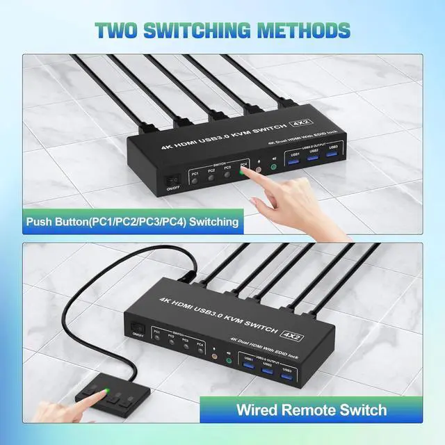 Alt view image 7 of 7 - USB 3.0 HDMI KVM Switch 2 Monitors 4 Computers, Support EDID, 4K@60Hz Dual Monitor HDMI KVM Switch 4 in 2 Out, with Audio Microphone and 3 USB 3.0 Ports, PC Monitor Keyboard Mouse Switcher for 4 PCs