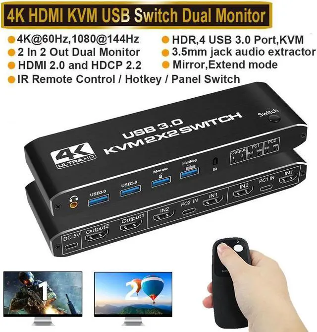 Main image of 4K@60Hz HDMI KVM Switch 2 in 2 Out, 2 Port Dual Monitor HDMI KVM Switch for 2 Computers 2 Monitors, USB 3.0 PC Computer KVM Switch Keyboard Mouse Switcher Box for Laptop,PS4,Xbox (with Audio)