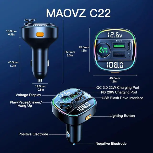 Alt view image 6 of 7 - Bluetooth 5.3 Car Adapter, Wireless Bluetooth FM Transmitter for Car, PD 20W & QC3.0 USB C Car Fast Charger Port, Radio Transmitter Bluetooth for Car, Hands Free Calling, 7 Colors Led Backlit Light