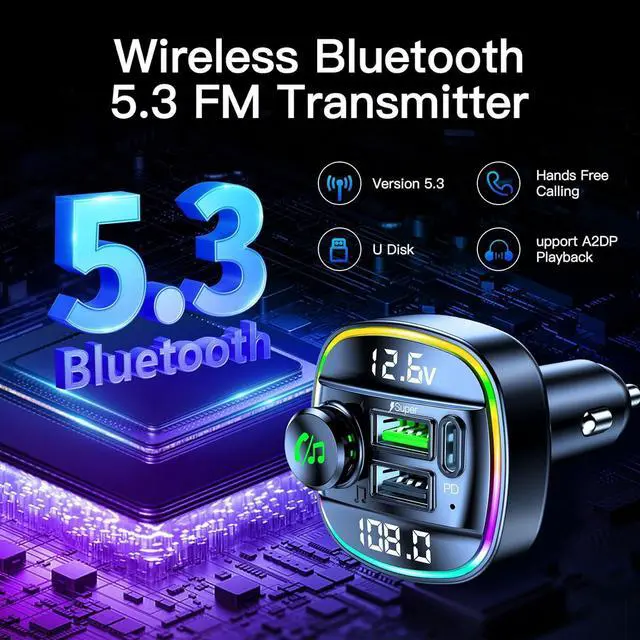 Alt view image 2 of 7 - Bluetooth 5.3 Car Adapter, Wireless Bluetooth FM Transmitter for Car, PD 20W & QC3.0 USB C Car Fast Charger Port, Radio Transmitter Bluetooth for Car, Hands Free Calling, 7 Colors Led Backlit Light