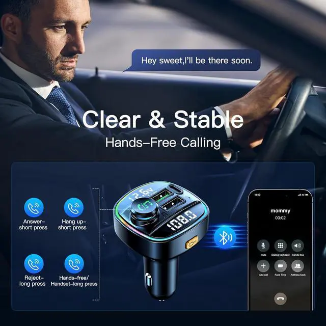 Alt view image 7 of 7 - Bluetooth 5.3 Car Adapter, Wireless Bluetooth FM Transmitter for Car, PD 20W & QC3.0 USB C Car Fast Charger Port, Radio Transmitter Bluetooth for Car, Hands Free Calling, 7 Colors Led Backlit Light