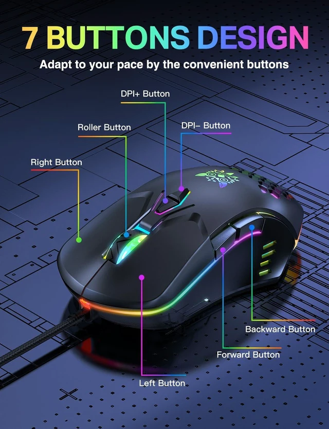 Alt view image 5 of 7 - GAMING Mice, USB Wired Gaming Mouse, Colorful RGB Light, 3600 DPI 4 Adjustable Levels, USB Ergonomic Mouse for Computer/Laptop, 7 Buttons Optical Mouse, Right or Left Hand Use, Black