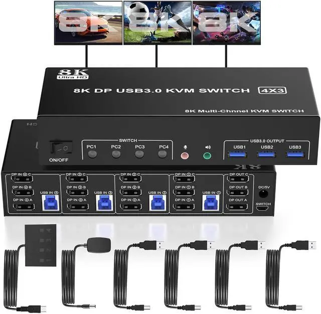 Main image of 8K Displayport USB 3.0 KVM Switch 3 Monitors 4 Computers, DP 1.4 Triple Monitor Displayport KVM Switch with Audio Microphone Output and 3 USB3.0 Ports, 8K DP KVM Triple Monitor Keyboard Mouse Switcher