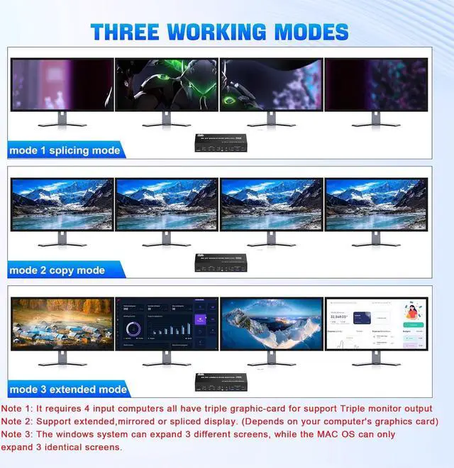 Alt view image 4 of 7 - 8K Displayport USB 3.0 KVM Switch 3 Monitors 4 Computers, DP 1.4 Triple Monitor Displayport KVM Switch with Audio Microphone Output and 3 USB3.0 Ports, 8K DP KVM Triple Monitor Keyboard Mouse Switcher