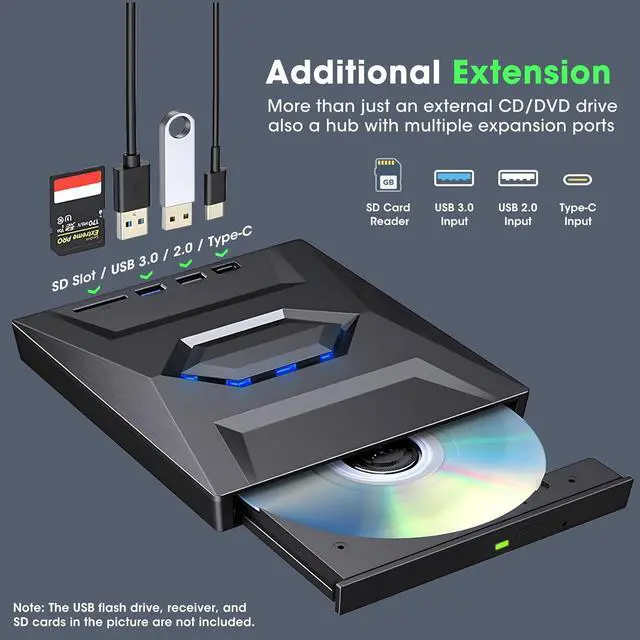 Alt view image 4 of 7 - [5 in 1] External CD DVD Drive, DVD Player CD Burner with USB 3.0+2.0+USB-C Port&SD Card Reader, Portable DVD & CD-ROM +/-RW Optical Disk Drive Writer for Laptop Desktop PC Windows Mac Linux Computer
