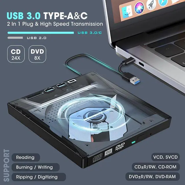 Alt view image 3 of 7 - [5 in 1] External CD DVD Drive, DVD Player CD Burner with USB 3.0+2.0+USB-C Port&SD Card Reader, Portable DVD & CD-ROM +/-RW Optical Disk Drive Writer for Laptop Desktop PC Windows Mac Linux Computer