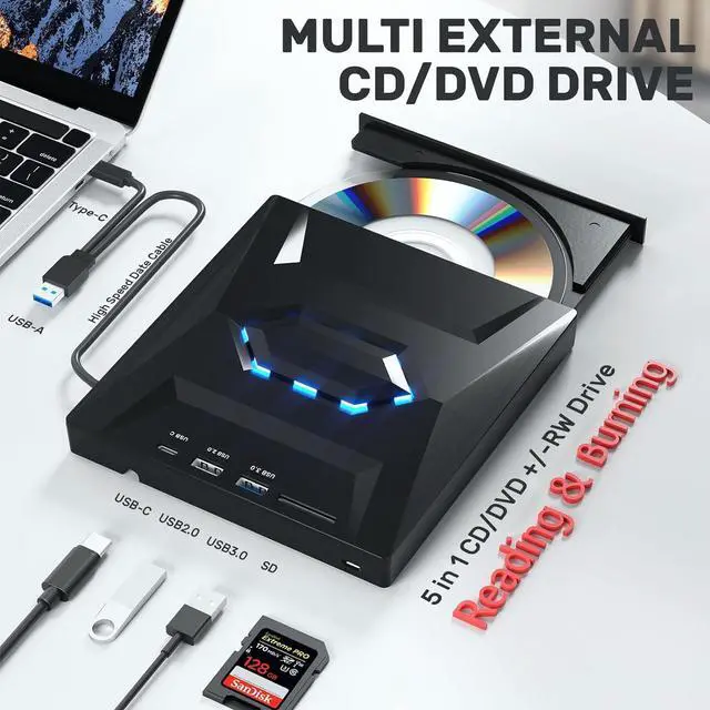 Alt view image 2 of 7 - [5 in 1] External CD DVD Drive, DVD Player CD Burner with USB 3.0+2.0+USB-C Port&SD Card Reader, Portable DVD & CD-ROM +/-RW Optical Disk Drive Writer for Laptop Desktop PC Windows Mac Linux Computer