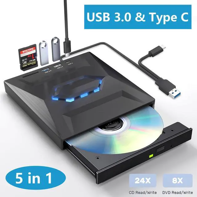 Main image of [5 in 1] External CD DVD Drive, DVD Player CD Burner with USB 3.0+2.0+USB-C Port&SD Card Reader, Portable DVD & CD-ROM +/-RW Optical Disk Drive Writer for Laptop Desktop PC Windows Mac Linux Computer