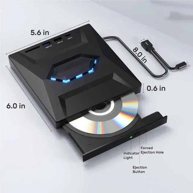 Alt view image 7 of 7 - [5 in 1] External CD DVD Drive, DVD Player CD Burner with USB 3.0+2.0+USB-C Port&SD Card Reader, Portable DVD & CD-ROM +/-RW Optical Disk Drive Writer for Laptop Desktop PC Windows Mac Linux Computer