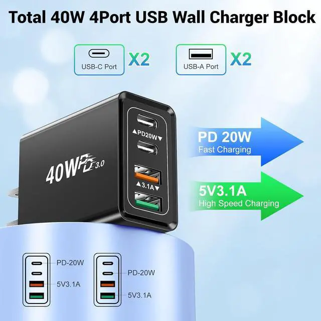 Alt view image 4 of 7 - 2 Pack USB C Wall Charger, 4 Port USB C and QC3.0 Fast Charger Block, 40W Dual USB C Dual USB-A Charger Plug Phone Charging Cube Compatible with i-Phone 15 14 13 12 Pro Max, XS/XR/X, i-Pad,S23 S22..