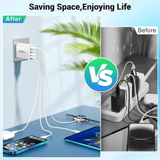 Alt view image 6 of 7 - 2 Pack USB C Wall Charger, 4 Port USB C and QC3.0 Fast Charger Block, 40W Dual USB C Dual USB-A Charger Plug Phone Charging Cube Compatible with i-Phone 15 14 13 12 Pro Max, XS/XR/X, i-Pad,S23 S22..