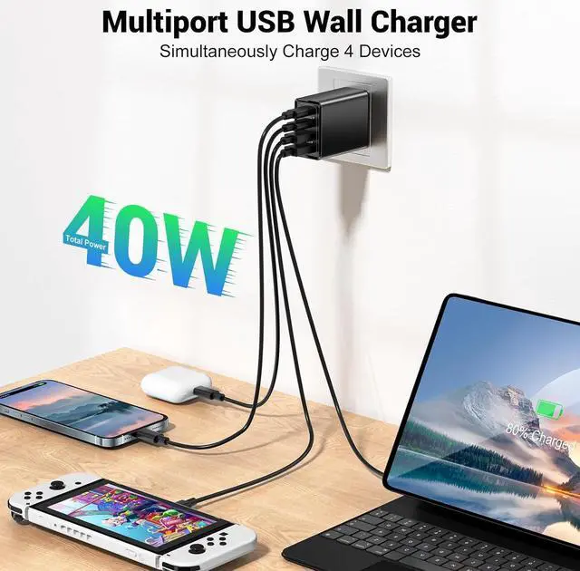 Alt view image 2 of 7 - 2 Pack USB C Wall Charger, 4 Port USB C and QC3.0 Fast Charger Block, 40W Dual USB C Dual USB-A Charger Plug Phone Charging Cube Compatible with i-Phone 15 14 13 12 Pro Max, XS/XR/X, i-Pad,S23 S22..