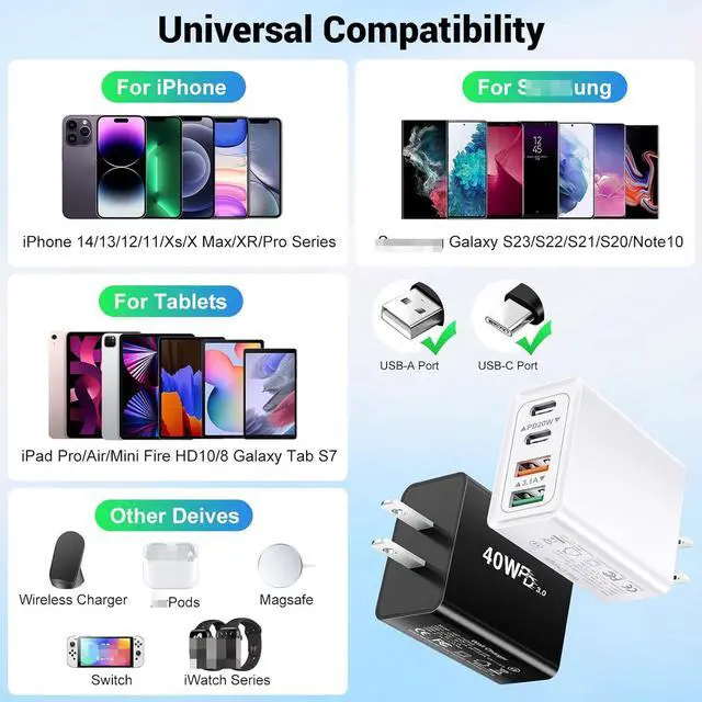 Alt view image 5 of 7 - 2 Pack USB C Wall Charger, 4 Port USB C and QC3.0 Fast Charger Block, 40W Dual USB C Dual USB-A Charger Plug Phone Charging Cube Compatible with i-Phone 15 14 13 12 Pro Max, XS/XR/X, i-Pad,S23 S22..