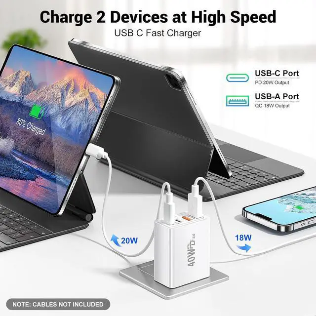 Alt view image 3 of 7 - 2 Pack USB C Wall Charger, 4 Port USB C and QC3.0 Fast Charger Block, 40W Dual USB C Dual USB-A Charger Plug Phone Charging Cube Compatible with i-Phone 15 14 13 12 Pro Max, XS/XR/X, i-Pad,S23 S22..