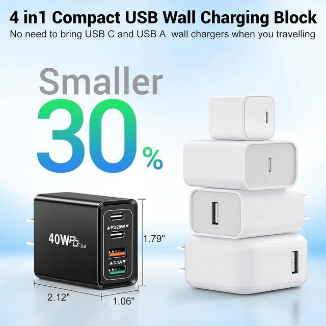 Alt view image 7 of 7 - 2 Pack USB C Wall Charger, 4 Port USB C and QC3.0 Fast Charger Block, 40W Dual USB C Dual USB-A Charger Plug Phone Charging Cube Compatible with i-Phone 15 14 13 12 Pro Max, XS/XR/X, i-Pad,S23 S22..