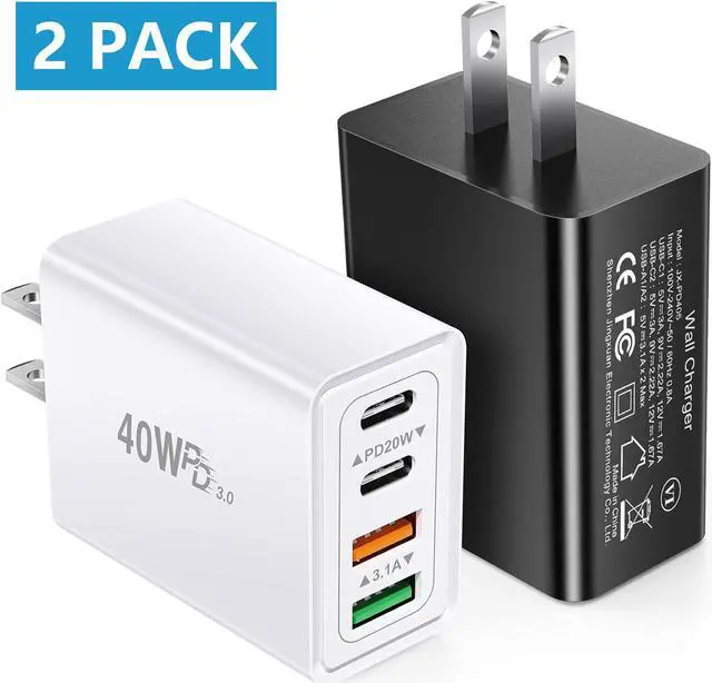 Main image of 2 Pack USB C Wall Charger, 4 Port USB C and QC3.0 Fast Charger Block, 40W Dual USB C Dual USB-A Charger Plug Phone Charging Cube Compatible with i-Phone 15 14 13 12 Pro Max, XS/XR/X, i-Pad,S23 S22..