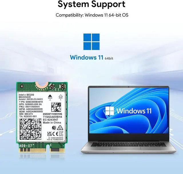 Alt view image 6 of 7 - Wireless WiFi Network Card, BE200 WiFi 7 Adapter, BE200NGW 8774Mbps Bluetooth 5.4 Tri-Band 802.11be NGFF M.2 Module, MU-MIMO, WPA4, Wireless Adapter for Laptop, Only Work for Windows 11 (64-bit)
