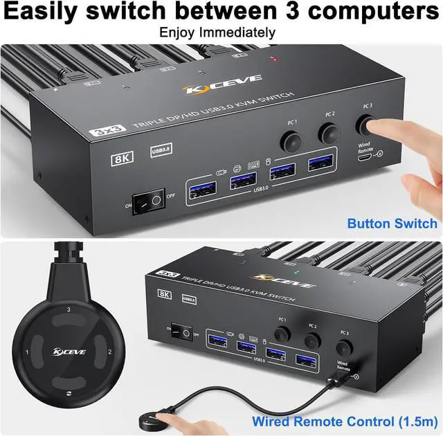 Alt view image 6 of 7 - KVM Switch 3 Monitors 3 Computers 8K@60Hz 4K@144Hz, HDMI+2 Displayport Triple Monitor KVM Switch for 3 Computer Share 3 Monitor and 4 USB3.0 Devices, Wired Remote and 12V power Adapter Included