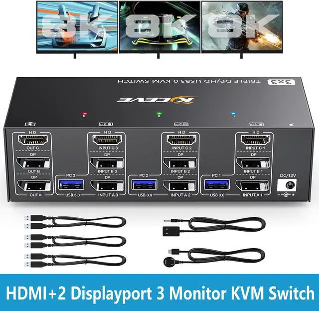 Main image of KVM Switch 3 Monitors 3 Computers 8K@60Hz 4K@144Hz, HDMI+2 Displayport Triple Monitor KVM Switch for 3 Computer Share 3 Monitor and 4 USB3.0 Devices, Wired Remote and 12V power Adapter Included
