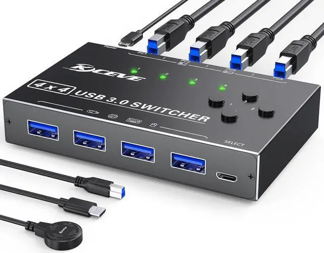 Main image of USB 3.0 Switch 4 Computers, 4 Port USB 3.0 Switch Selector for 4 Computer Share 4 USB Devices, Keyboard Mouse Switch, 4 in 4 Out USB Switcher with Wired Remote and 4 Standard USB-B Cables