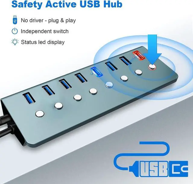 Alt view image 5 of 6 - Powered USB 3.0 Hub, 8 Port USB C to USB 3.0 hub Splitter with Smart Charging Port, Multi USB 3.0 Port Expander with Individual Switches & LED, Power Adapter for Laptop, PC, MacBook, Phones