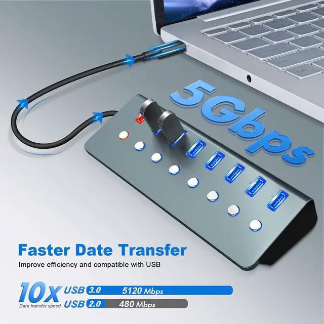 Alt view image 4 of 6 - Powered USB 3.0 Hub, 8 Port USB C to USB 3.0 hub Splitter with Smart Charging Port, Multi USB 3.0 Port Expander with Individual Switches & LED, Power Adapter for Laptop, PC, MacBook, Phones