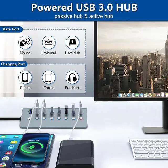 Main image of Powered USB 3.0 Hub, 8 Port USB C to USB 3.0 hub Splitter with Smart Charging Port, Multi USB 3.0 Port Expander with Individual Switches & LED, Power Adapter for Laptop, PC, MacBook, Phones