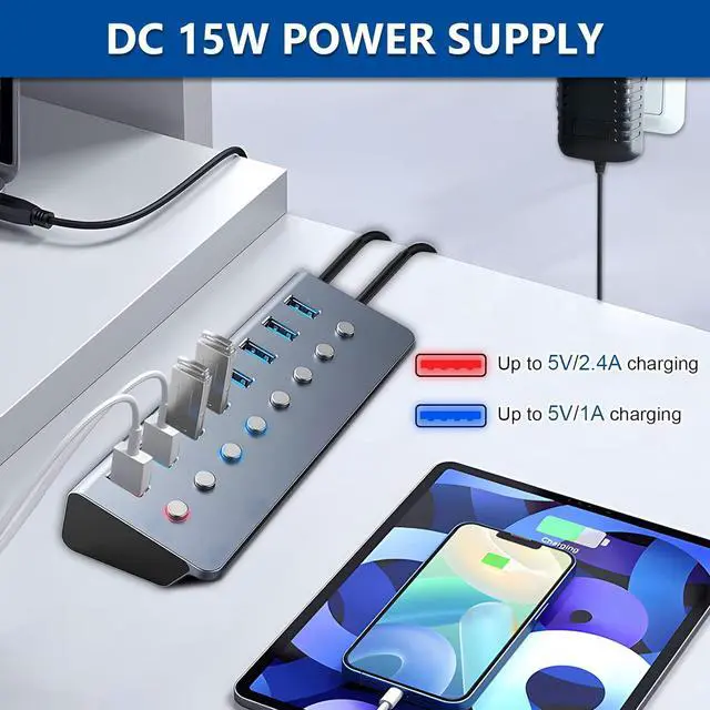 Alt view image 2 of 6 - Powered USB 3.0 Hub, 8 Port USB C to USB 3.0 hub Splitter with Smart Charging Port, Multi USB 3.0 Port Expander with Individual Switches & LED, Power Adapter for Laptop, PC, MacBook, Phones
