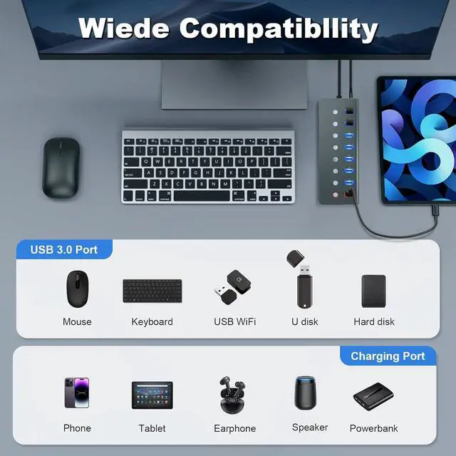 Alt view image 6 of 6 - Powered USB 3.0 Hub, 8 Port USB C to USB 3.0 hub Splitter with Smart Charging Port, Multi USB 3.0 Port Expander with Individual Switches & LED, Power Adapter for Laptop, PC, MacBook, Phones