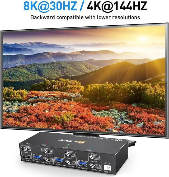 Alt view image 2 of 7 - Dual Monitor Displayport KVM Switch, USB 3.0 Displayport KVM Switch 2 Monitors 3 Computers 8K@30Hz 4K@144Hz, 3 Computers Share 2 Monitors and 4 USB 3.0 Devices,Wired Remote and Cables Included