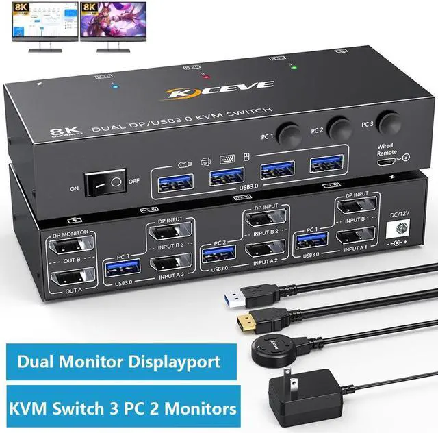 Main image of Dual Monitor Displayport KVM Switch, USB 3.0 Displayport KVM Switch 2 Monitors 3 Computers 8K@30Hz 4K@144Hz, 3 Computers Share 2 Monitors and 4 USB 3.0 Devices,Wired Remote and Cables Included