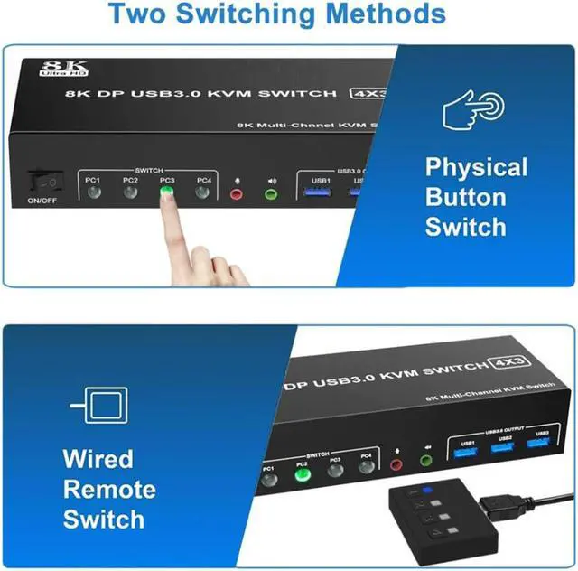 Alt view image 5 of 7 - 4 Port 8K Displayport USB 3.0 KVM Switch 3 Monitors 4 Computers, DP1.4 Triple Monitor KVM Switch with Audio Microphone Output and 3 USB3.0 Ports, Displayport KVM Triple Monitor Keyboard Mouse Switcher