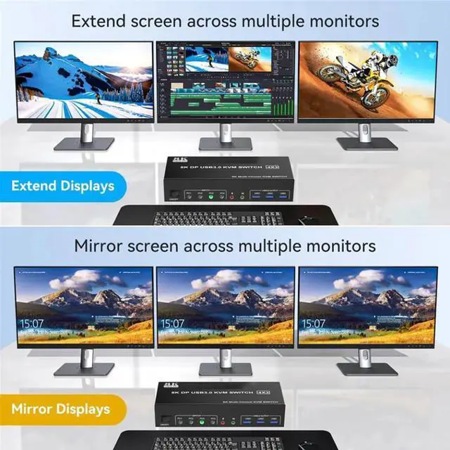 Alt view image 3 of 7 - 4 Port 8K Displayport USB 3.0 KVM Switch 3 Monitors 4 Computers, DP1.4 Triple Monitor KVM Switch with Audio Microphone Output and 3 USB3.0 Ports, Displayport KVM Triple Monitor Keyboard Mouse Switcher