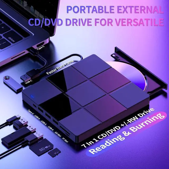 Alt view image 2 of 6 - External CD/DVD Drive for Laptop, 7-in-1 USB 3.0 & Type-C Ultra-Slim Portable CD/DVD Player Burner, CD ROM External DVD Drive for Laptop Compatible with Laptop Desktop PC Windows 11/10/8/7 Linux MacOS