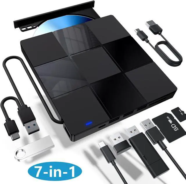 Main image of External CD/DVD Drive for Laptop, 7-in-1 USB 3.0 & Type-C Ultra-Slim Portable CD/DVD Player Burner, CD ROM External DVD Drive for Laptop Compatible with Laptop Desktop PC Windows 11/10/8/7 Linux MacOS