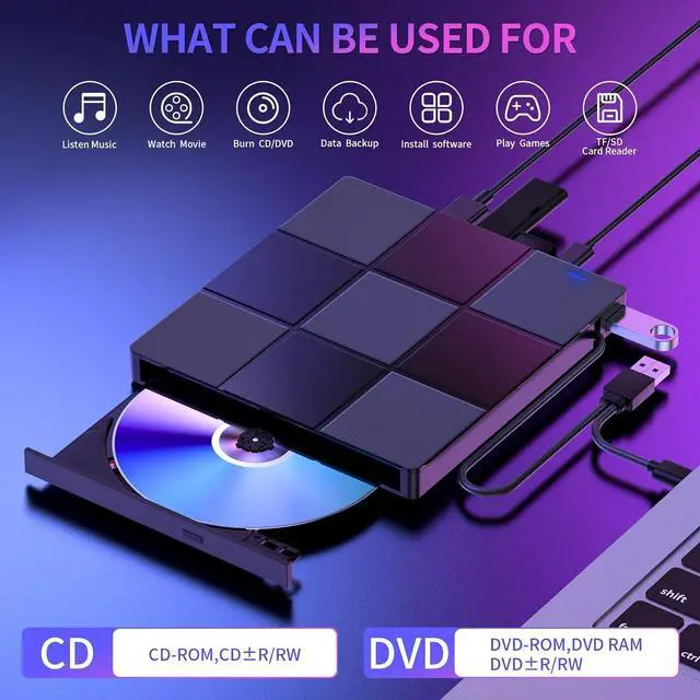 Alt view image 3 of 6 - External CD/DVD Drive for Laptop, 7-in-1 USB 3.0 & Type-C Ultra-Slim Portable CD/DVD Player Burner, CD ROM External DVD Drive for Laptop Compatible with Laptop Desktop PC Windows 11/10/8/7 Linux MacOS