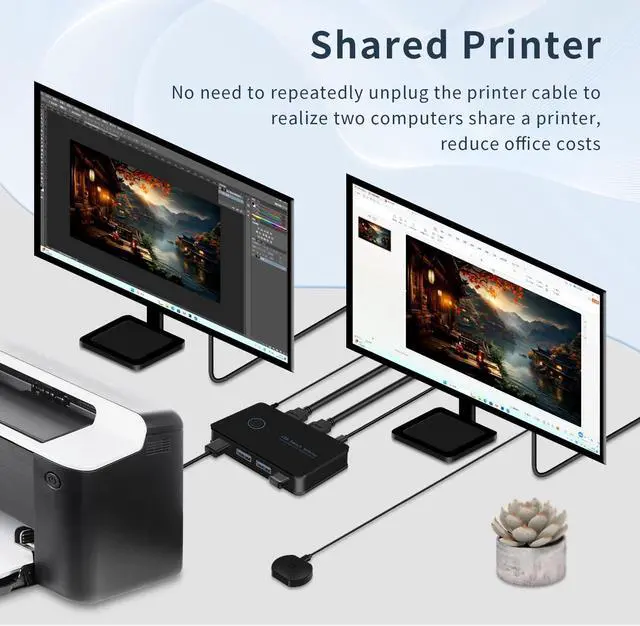 Alt view image 6 of 7 - 2 in 4 Out USB switcher 2 Computers KVM switches 2 Computers 1 Keyboard and Mouse USB KVM Switch USB 3.0 Switch Selector 4 Ports hub Share Devices Printer with 2 USB Cable and 1 Desktop Controller