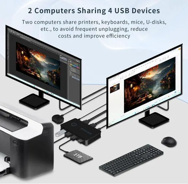 Alt view image 5 of 7 - 2 in 4 Out USB switcher 2 Computers KVM switches 2 Computers 1 Keyboard and Mouse USB KVM Switch USB 3.0 Switch Selector 4 Ports hub Share Devices Printer with 2 USB Cable and 1 Desktop Controller