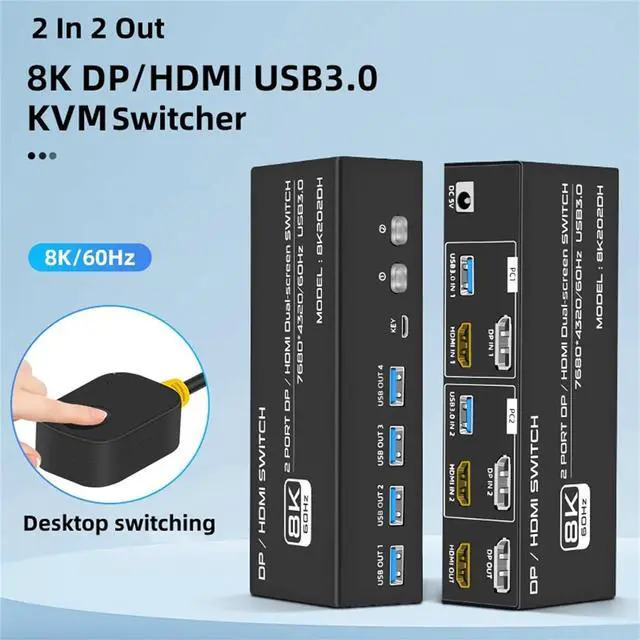 Alt view image 3 of 7 - 8K HDMI + Displayport Dual Monitor KVM Switch 2 in 2 Out for 2 Monitors 2 Computers, 2 Port HDMI2.1 + DP1.4 KVM Switcher PC Extended Display for 2 PCs Share 4 USB 3.0 Devices Support 4K@120hz 8K@60hz