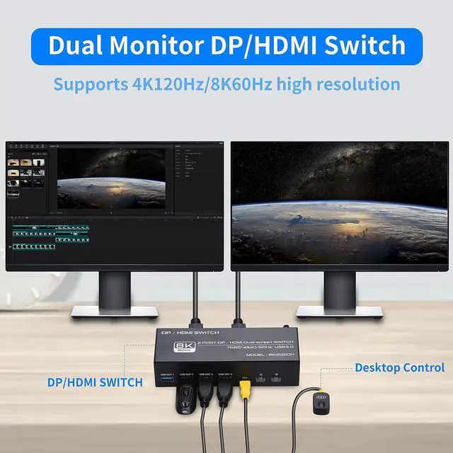 Alt view image 5 of 7 - 8K HDMI + Displayport Dual Monitor KVM Switch 2 in 2 Out for 2 Monitors 2 Computers, 2 Port HDMI2.1 + DP1.4 KVM Switcher PC Extended Display for 2 PCs Share 4 USB 3.0 Devices Support 4K@120hz 8K@60hz