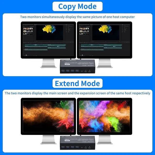 Alt view image 4 of 7 - 8K HDMI + Displayport Dual Monitor KVM Switch 2 in 2 Out for 2 Monitors 2 Computers, 2 Port HDMI2.1 + DP1.4 KVM Switcher PC Extended Display for 2 PCs Share 4 USB 3.0 Devices Support 4K@120hz 8K@60hz