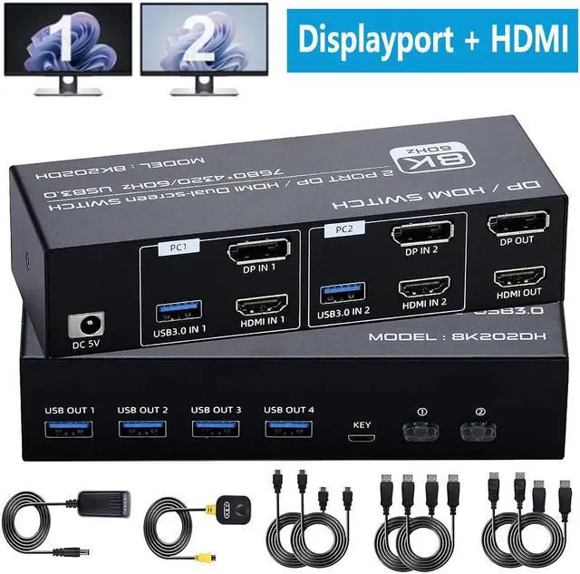 Main image of 8K HDMI + Displayport Dual Monitor KVM Switch 2 in 2 Out for 2 Monitors 2 Computers, 2 Port HDMI2.1 + DP1.4 KVM Switcher PC Extended Display for 2 PCs Share 4 USB 3.0 Devices Support 4K@120hz 8K@60hz