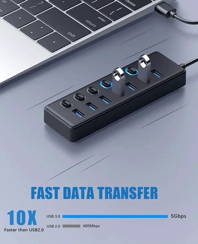 Alt view image 3 of 7 - USB 3.0 Hub, 7-Port USB 3.0 Hub Splitter with LED Individual On/Off Switches and 3ft/1M Extended Long Cable for Laptop, Mac-Book, Surface Pro, PS4/5, Flash Drive, HDD