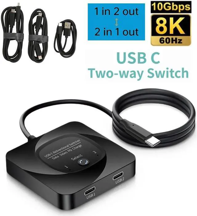 Main image of USB C Switch, 8K 60Hz 2 in 1 Out/1 in 2 Out Bi Directional USB3.1 Type C Data Transfer Splitter, 10Gbps Data Transfer PD 100W Power Delivery Share Monitor Switch Selector with Power Indicator for PCs