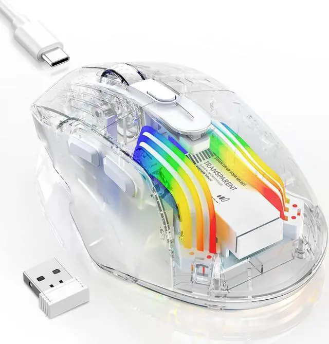 Main image of Wireless Gaming Mouse, Tri-Mode 2.4G/USB-C Wired/Bluetooth Mouse, Rechargeable Computer Mice with 5 DPI Levels, 6 Buttons, 11 RGB Lights, Ergonomic Gaming Mice for Laptop PC Mac-Transparent