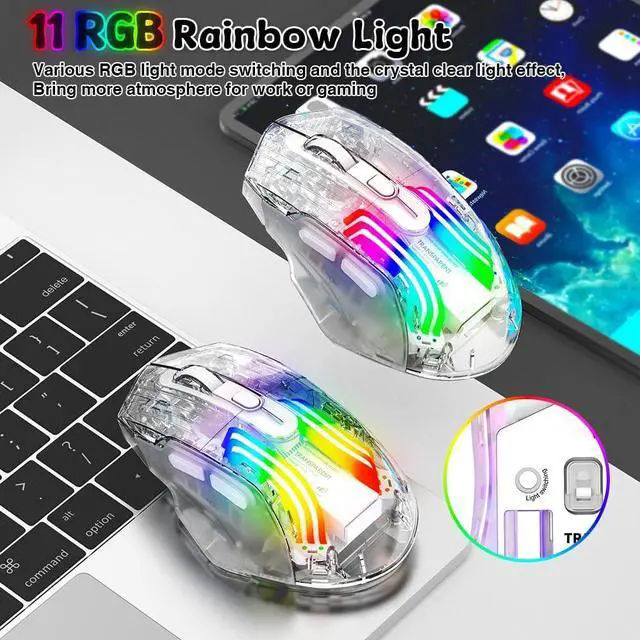 Alt view image 4 of 7 - Wireless Gaming Mouse, Tri-Mode 2.4G/USB-C Wired/Bluetooth Mouse, Rechargeable Computer Mice with 5 DPI Levels, 6 Buttons, 11 RGB Lights, Ergonomic Gaming Mice for Laptop PC Mac-Transparent