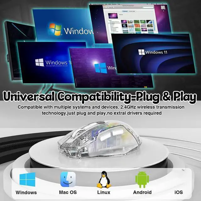 Alt view image 7 of 7 - Wireless Gaming Mouse, Tri-Mode 2.4G/USB-C Wired/Bluetooth Mouse, Rechargeable Computer Mice with 5 DPI Levels, 6 Buttons, 11 RGB Lights, Ergonomic Gaming Mice for Laptop PC Mac-Transparent