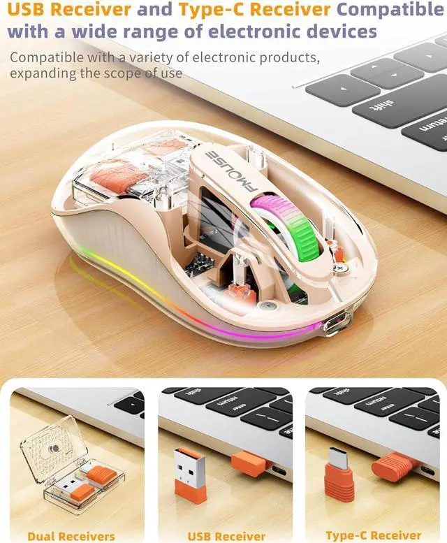 Alt view image 3 of 7 - Bluetooth Wireless Mouse, Computer Mouse for Laptop/Desktop PC, Silent Mouse with RGB Lights, 5.1 Bluetooth Mouse, Dual Bluetooth + USB & Type-C 2.4G 2400 DPI, Transparent Mouse for Home Office