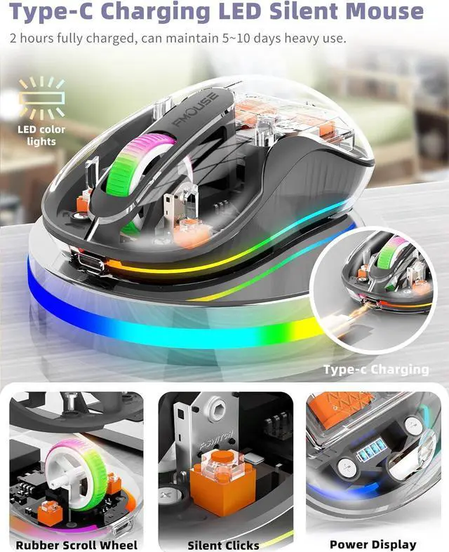 Alt view image 2 of 7 - Bluetooth Wireless Mouse, Computer Mouse for Laptop/Desktop PC, Silent Mouse with RGB Lights, 5.1 Bluetooth Mouse, Dual Bluetooth + USB & Type-C 2.4G 2400 DPI, Transparent Mouse for Home Office