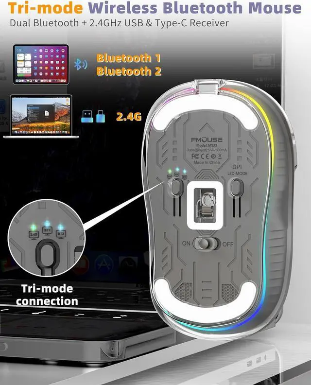 Alt view image 5 of 7 - Bluetooth Wireless Mouse, Computer Mouse for Laptop/Desktop PC, Silent Mouse with RGB Lights, 5.1 Bluetooth Mouse, Dual Bluetooth + USB & Type-C 2.4G 2400 DPI, Transparent Mouse for Home Office
